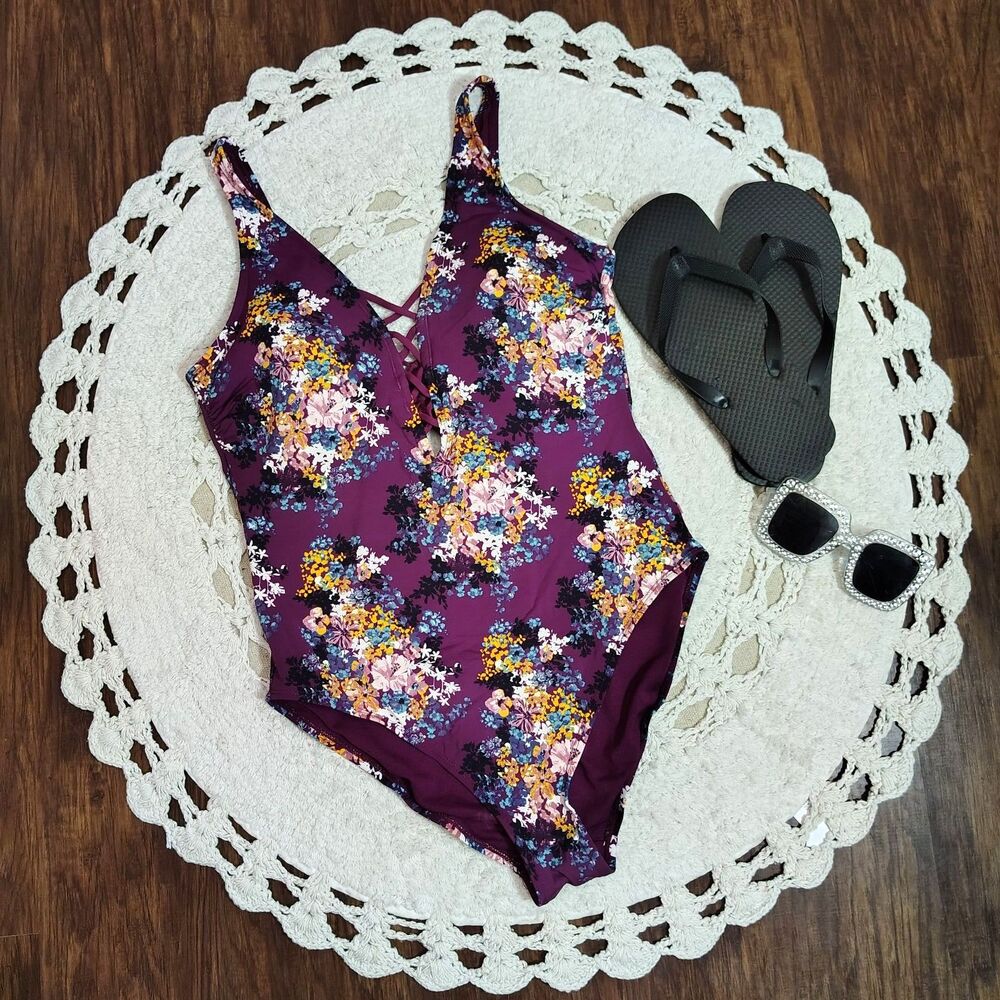 Ambrielle Large Women's Boho Purple Floral One Piece 1-PC Swimsuit Bathing Suit